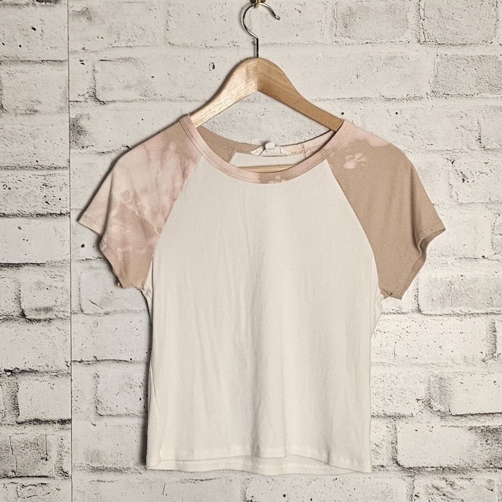 Sage + Stone Colorblock Raglan Tee Beige Pink White Short Sleeve Top L